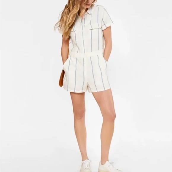 Outerknown S.E.A. Suit Shortall Linen Romper Ventura Blue Stripe Sz Small - Picture 1 of 10